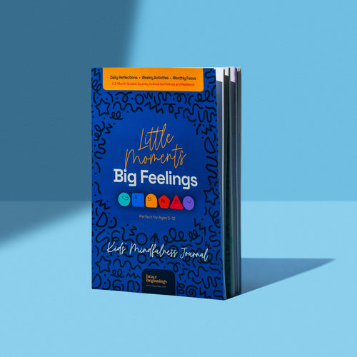 Blue journal titled 'Little Moments Big Feelings' on a blue background