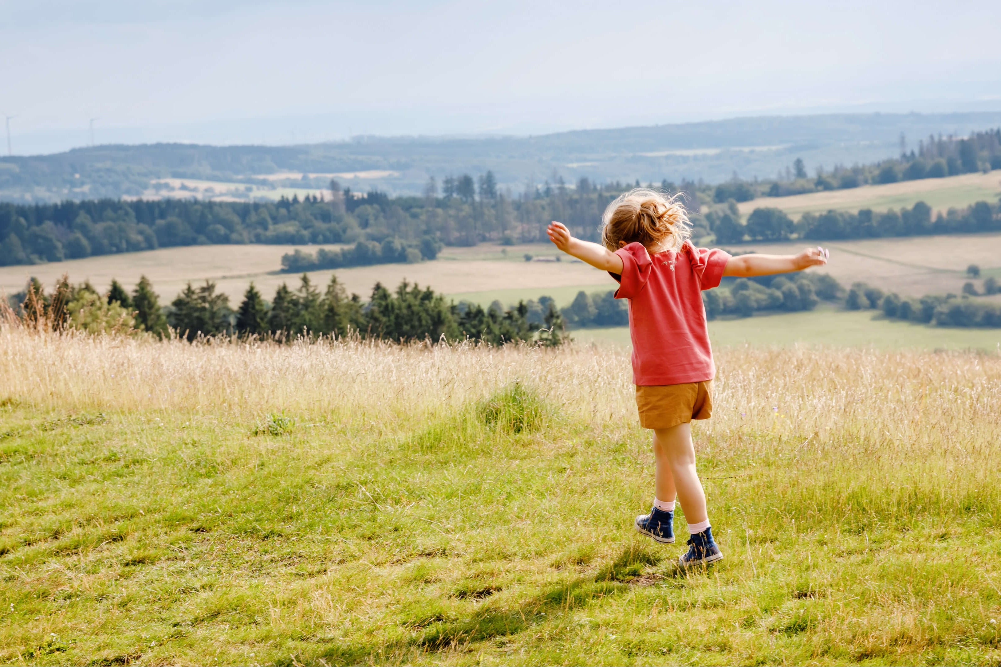 Child standing in a field with arms outstretched, looking at a scenic landscape.