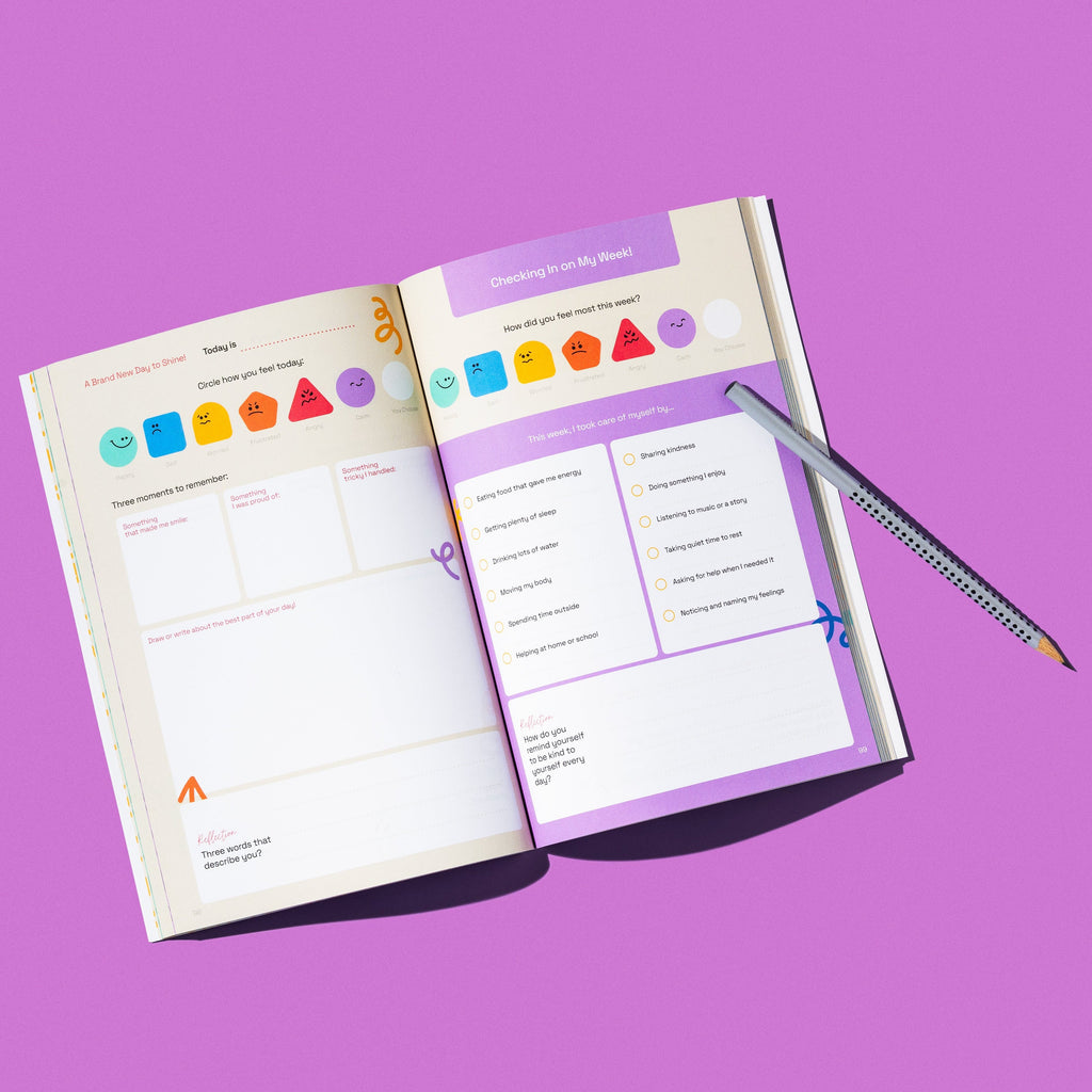 Open book with educational content on a purple background