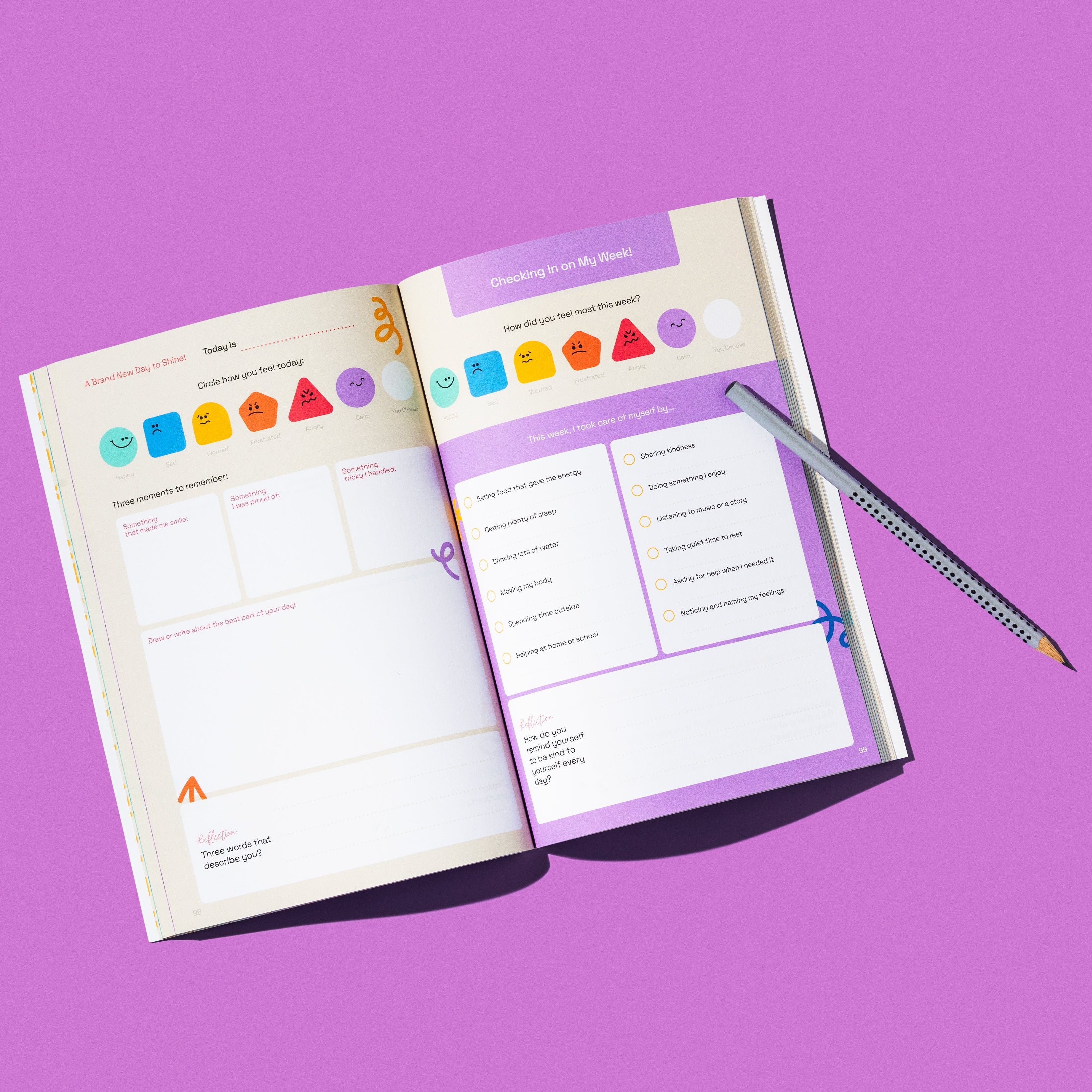 Open book with educational content on a purple background